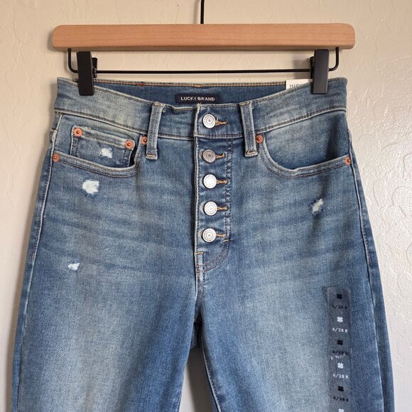 Lucky Brand Bridgette Denim Ankle Jeans Blue Distressed Exposed Button Fly 6 NEW - Picture 2 of 12
